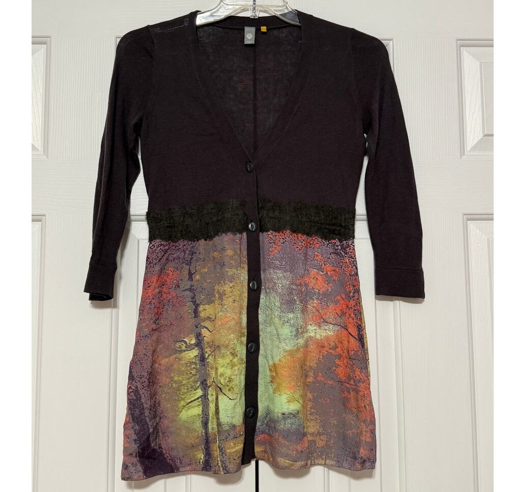 Knitted & Knotted X Anthropologie Brown Cardigan with Mixed Media Hem, Size XS